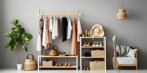 Rack with bright stylish clothes, shoes and accessories near light grey wall indoors - obrazy, fototapety, plakaty