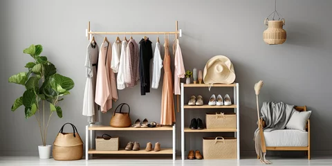 Fotobehang Rack with bright stylish clothes, shoes and accessories near light grey wall indoors © Sasint