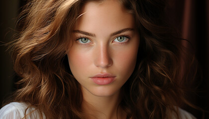 Naklejka premium A beautiful woman with long brown hair looking at camera generated by AI