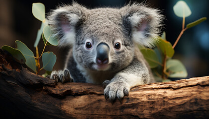 A cute koala sitting on a eucalyptus tree branch, looking at camera generated by AI