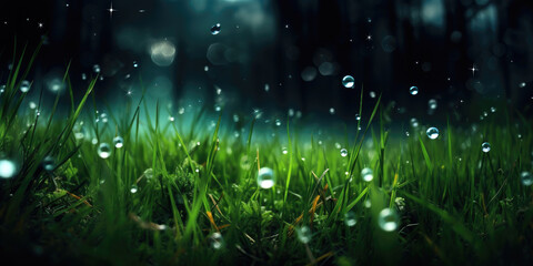 Fototapeta na wymiar Droplets in the grass. Close up photo. Generative AI