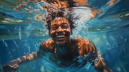 Beneath the cerulean surface, an African man dives, the water his playground. With grace and joy, he embodies the essence of an active, spirited summer vacation. This portrait capt