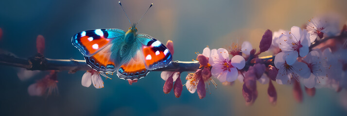 The butterfly is sitting on Pink cherry blossoms branch on the blurred blue sky background. Long banner with Spring flowers of cherries tree - obrazy, fototapety, plakaty