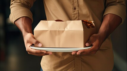 A close-up of a male courier's hands carefully holding a paper container filled with delicious takeaway food. This image highlights the convenience and quality of modern food delivery services.