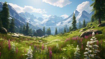 a serene coniferous forest stretching across rolling green hills beneath towering mountains. The summer landscape radiates tranquility and natural beauty.