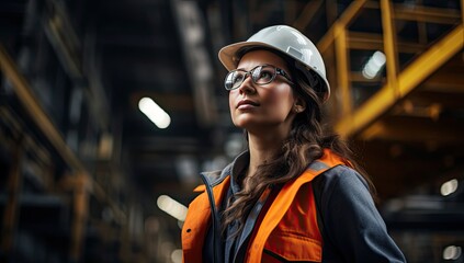 Attractive female industrial factory worker in hard hat helmet and glasses - obrazy, fototapety, plakaty