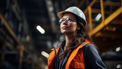 Fotobehang Attractive female industrial factory worker in hard hat helmet and glasses © Photo And Art Panda