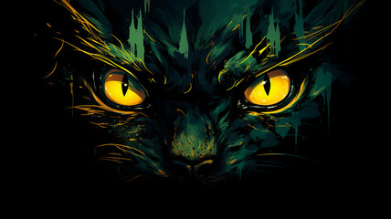 T-shirt design, glowing yellow eyes stare menacingly at you in the dark. Generative AI