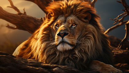 Naklejka premium Majestic lion resting in the African savannah, strength in nature generated by AI
