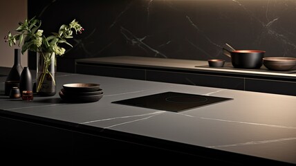 A black induction hob takes center stage on a modern gray kitchen countertop with a stylish gray backsplash. On the right, a water jug and glass add a touch of sophistication to the minimalist kitchen