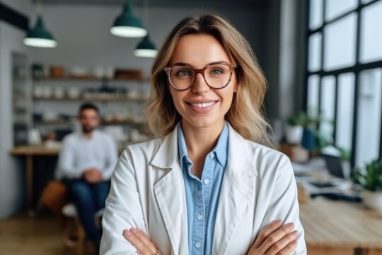 woman psychologist in glasses look at camera. AI Generated