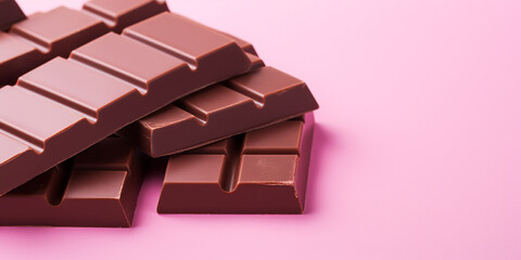 Pieces of milk Chocolate bar isolated on pink background. ai generative