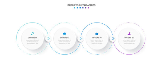 Timeline infographic with infochart. Modern presentation template with 4 spets for business process. Website template on white background for concept modern design. Horizontal layout.