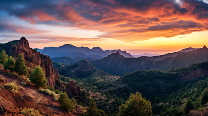 Panoramic view of Roque Nublo sacred mountain at sunset. ai generative
