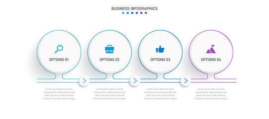 Timeline infographic with infochart. Modern presentation template with 4 spets for business process. Website template on white background for concept modern design. Horizontal layout.