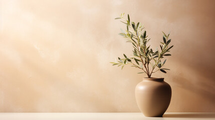 Modern summer minimal olive tree branch in clay vase on beige wall background. ai generative