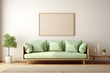Mockup living room interior with green sofa on empty cream color wall background. ai generative