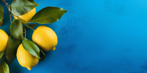 fresh lemon on a branch with leaves.copy space.blue background. ai generative