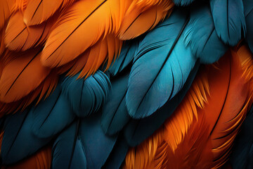 Beautiful colorful background of toucan feathers, backdrop of exotic tropical bird feathers