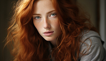 Naklejka premium A beautiful young woman with brown hair and curly hair generated by AI