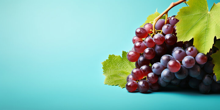 Fresh ripe grapes with leaves isolated on turquoise background. ai generative
