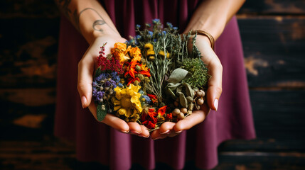 female hands holding a bunch of medicinal herbs. ai generative - obrazy, fototapety, plakaty