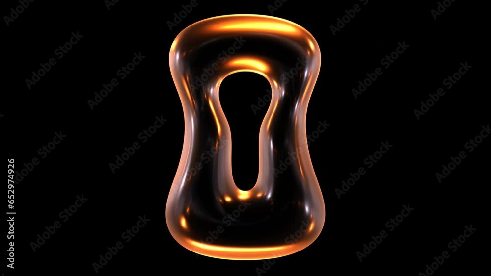 Poster seamless animation of glowing geometric keyhole shape with light and reflections isolated on black b