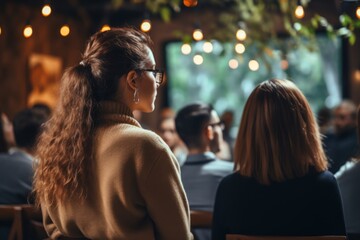 Diverse group backs of young people sitting outdoors man woman students listening speaker watching presentation conference cinema concert. Business education learning study entrepreneurship audience