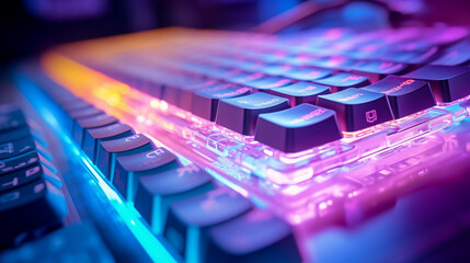 a close up of the keyboard from a computer, in the style of glowing colors