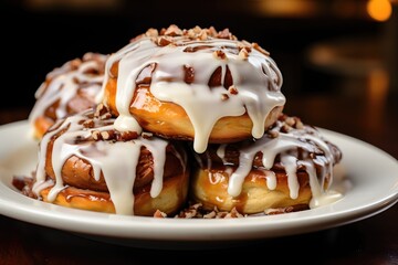 A close-up of a plate of freshly baked cinnamon rolls with glaze dripping