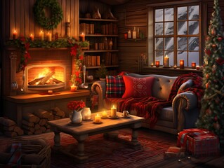 A cozy living room with a plaid blanket, lit candles, and a Christmas wreath on the wall - Powered by Adobe