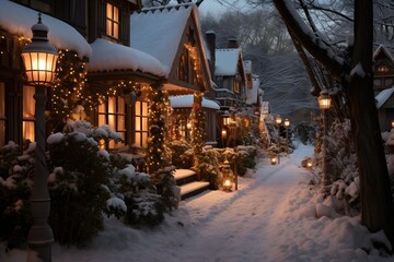 A snow-covered pathway lined with lanterns leading to a cozy cottage