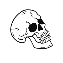 Linear human skull in black color isolated on white background.Graphic Gothic symbol for Day of the Dead. Three-quarter angle view.Doodle element for printing on fabric and paper.Vector  illustration.