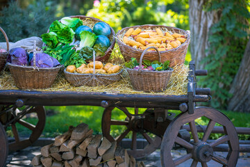 A gorgeous fall image of an old wagon filled with cabbage, beets, tomatoes, watermelon and corn.
