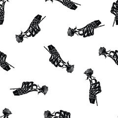 Black and white seamless pattern with skeleton hand holding a roze.Endless wallpaper with gothic symbol silhouette.Background or texture for printing on fabric and paper.Vector hand drawn illustration © Alla