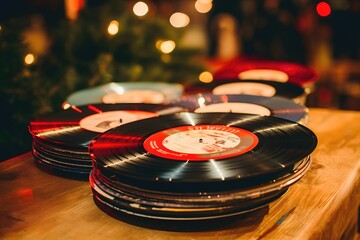A stack of vintage Christmas vinyl records, surrounded by fairy lights and tinsel