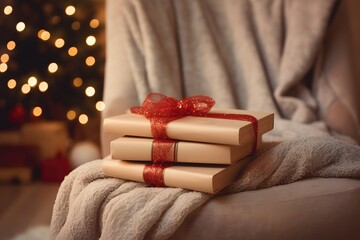 A stack of festive books with a red ribbon and a knitted blanket - obrazy, fototapety, plakaty