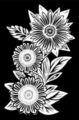 white graphic contour drawing of a bouquet of flowers on a black background, design