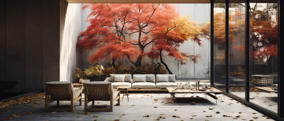 Fall, autumn patio of suburban house. Luxury exterior design scene. Villa Backyard terrace in the sunny day with couches and lounge chairs. Vacation, relax, wellness spa resort, hotel. Generative ai