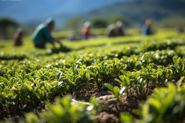 .workers gathering ceylon tea on green plantation - obrazy, fototapety, plakaty
