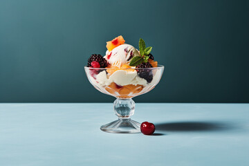 Ice cream in a glass bowl in a minimal background. food photography, vanilla Ice cream cup with cherries, berries and fruits in an elegant glass cup isolated on a minimal background, delicious sundae - Powered by Adobe