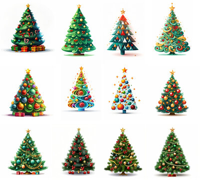A Set of Illustrated Christmas Trees, Christmas clipart