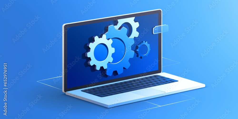 Poster laptop computer featuring a prominent gear icon on a clean white background, symbolizing the interse