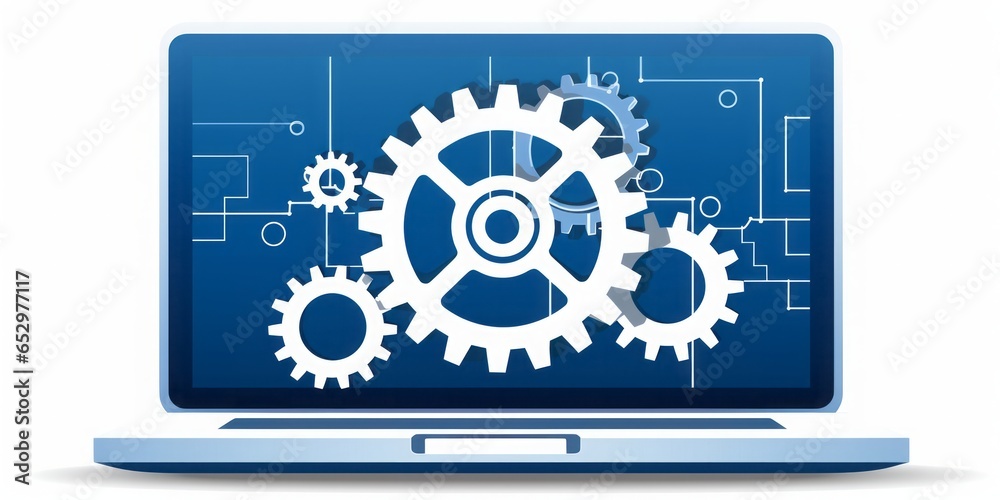 Poster laptop computer featuring a prominent gear icon on a clean white background, symbolizing the interse