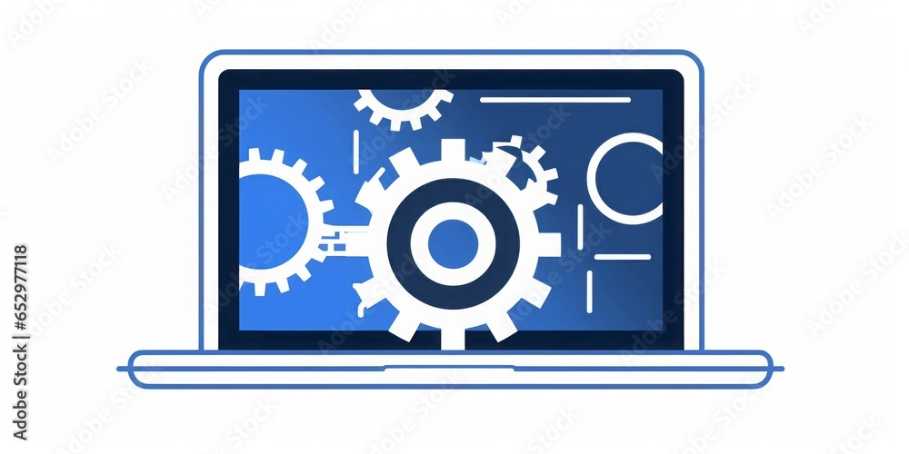 Poster Laptop Computer Featuring a Prominent Gear Icon on a Clean White Background, Symbolizing the Intersection of Technological Innovation and Mechanical Precision in the Digital Era