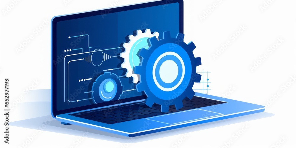 Poster laptop computer featuring a prominent gear icon on a clean white background, symbolizing the interse