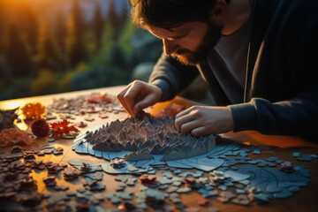 A person completing a puzzle, representing the gradual process of recovery from isolation's effects. Generative Ai. - obrazy, fototapety, plakaty