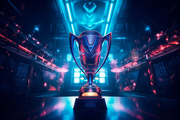  The esports winner trophy standing on the stage in the middle of the arena of the computer video...