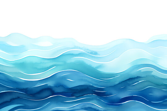 Blue watercolor aquarelle ocean waves isolated on transparent background