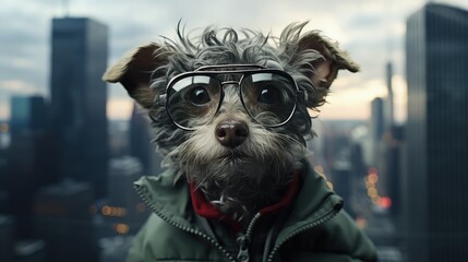 Photo of a gray little dog wearing a jacket and matching clear glasses and gelled hair. Skyscrapers can be seen in the background. Business fun style.